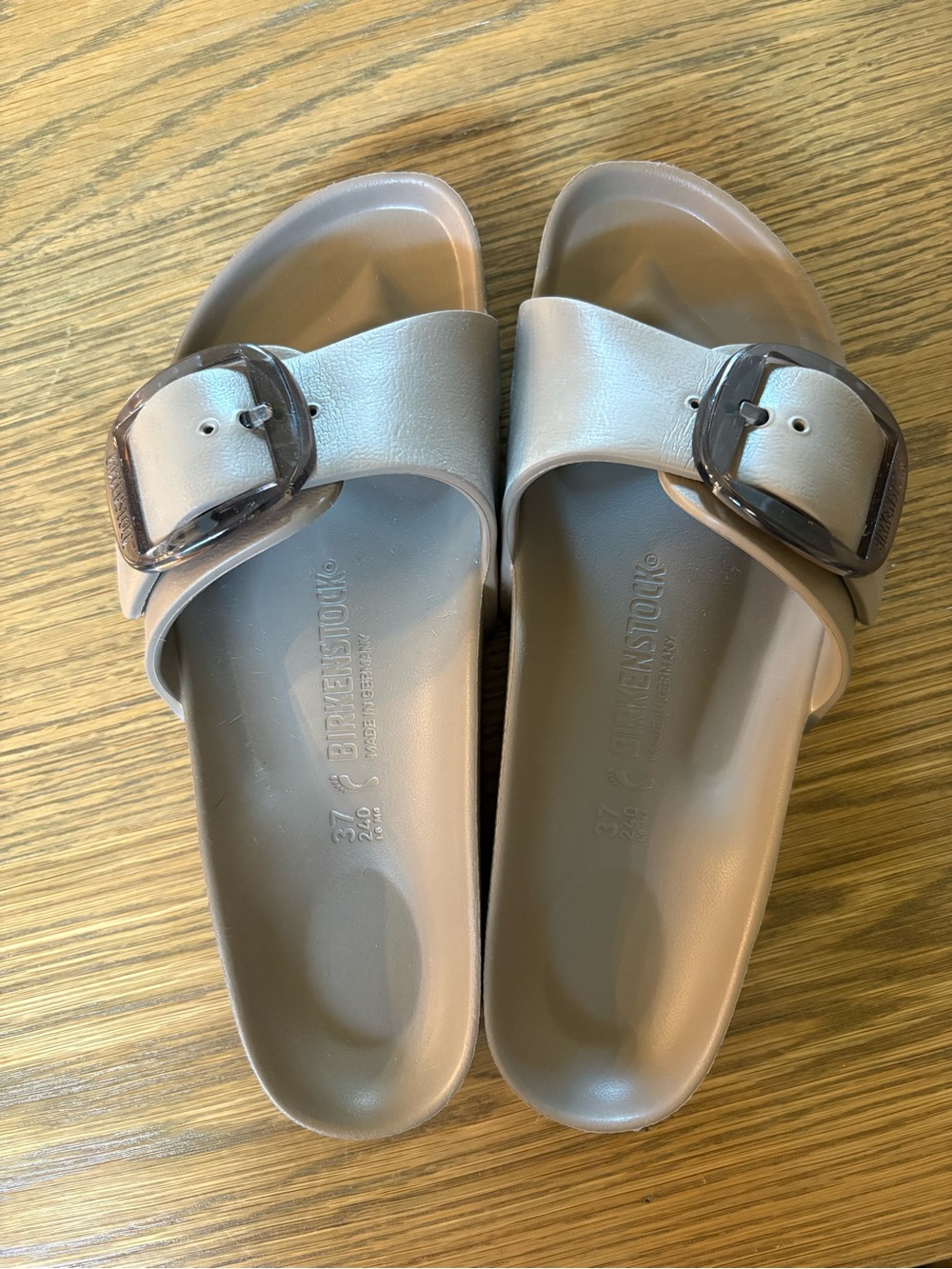 Birkenstock Madrid Slide Sandals in Taupe with Dark Buckles